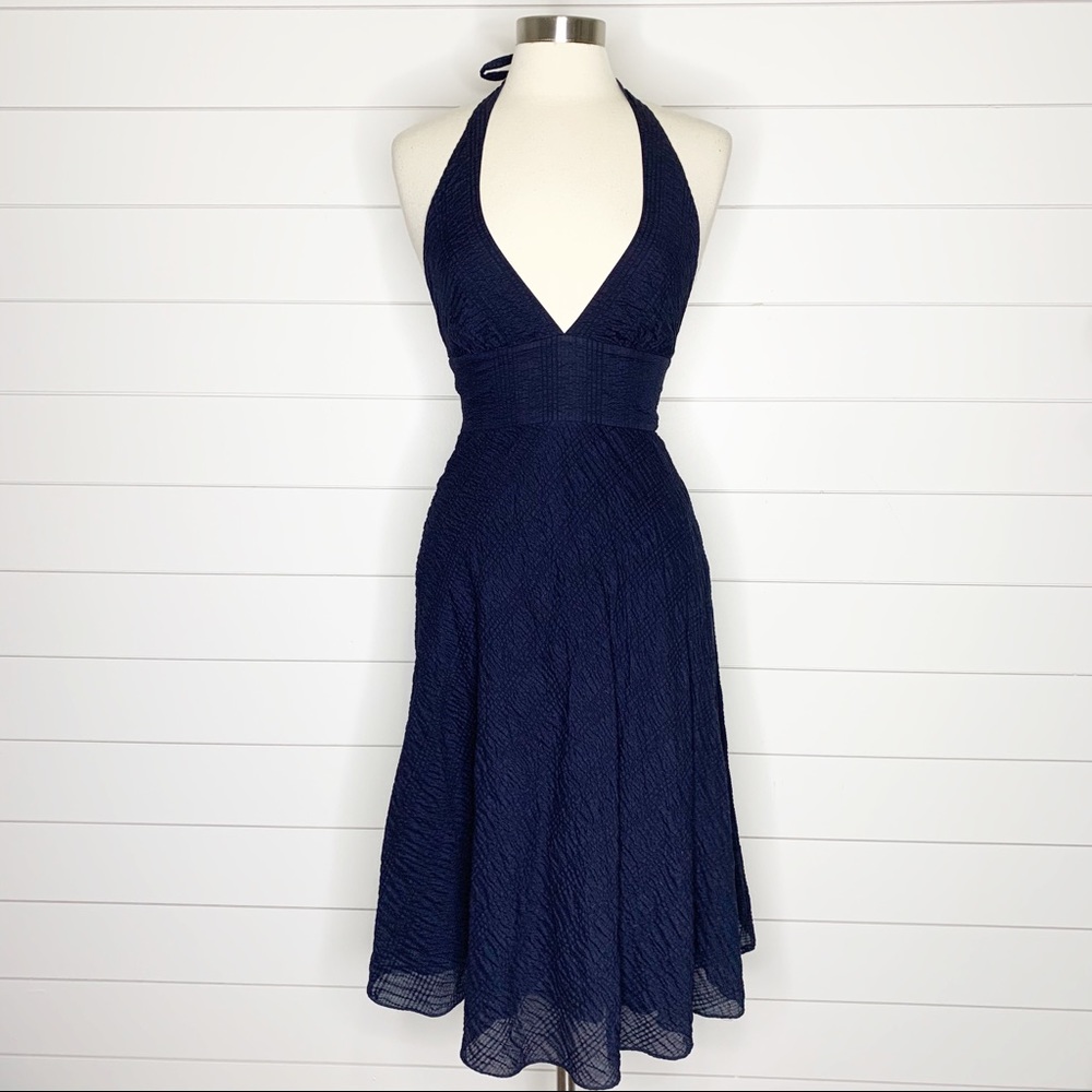 J.Crew Navy Backless Halter Textured Midi Dress